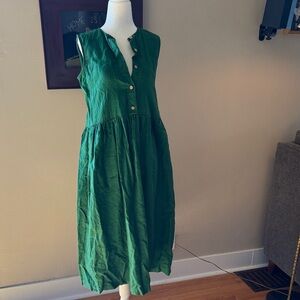 100% Linen Green Sleeveless Button-Down Dress